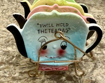 Vintage Japan Anthropomorphic Fruit Teabag Holders Set of 4 with Metal Caddy 1950s Kitsch