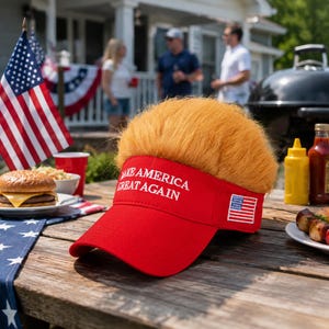 May include: A red visor featuring the white embroidered text MAKE AMERICA GREAT AGAIN on the front and a small American flag patch on the side. The top of the visor is covered in thick, textured, golden-orange synthetic hair.