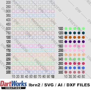 May include: A digital graphic featuring a grid of coloured squares and circles, labelled with numbers from 200 to 3000 and 10 to 100. The image includes the text "DartWorks Creations" and file type information.