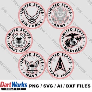 May include: Circular emblems of the United States military branches: Air Force, Army, Coast Guard, Marines, Navy, and Space Force. Each emblem features the branch's insignia within a red-lined circle, with the words "United States" and the branch name.