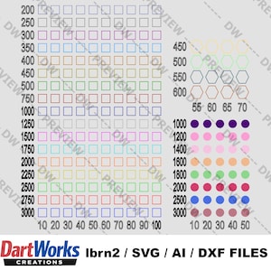 May include: A digital graphic with a grid of colored squares and circles, labeled with numbers from 10 to 100 and 200 to 3000. The image also includes the text "DartWorks" and "Ibrn2 / SVG / AI / DXF FILES."