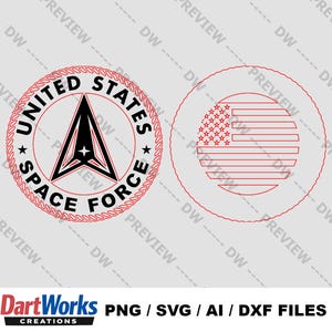 May include: Two red outline designs on a gray background. One is the United States Space Force emblem, the other is a circular American flag. The text "UNITED STATES SPACE FORCE" is in a circle around a black and white emblem.