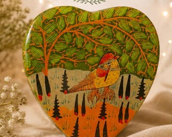 Vintage Kashmiri Paper Mache Heart Box Hand Painted Bird Collectible Laquer Folk Art