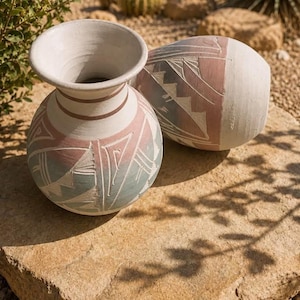 May include: Two handcrafted ceramic vases with a Southwestern design. The vases are painted in shades of white, pink, and blue-green, with geometric patterns and etched details. One vase is upright, while the other is on its side.