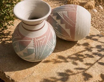 Vintage Southwestern Pottery Vases, Hand Etched Ceramic Vessels, Boho Decor