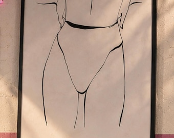 Vintage 1980s Aerobics Wall Art Framed Minimalist Female Figure Line Drawing Fitness Studio Decor