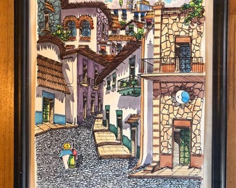 Signed Watercolor Painting: Taxco Mexico Street Scene, Santa Prisca Church, Mid-Century Modernist Art