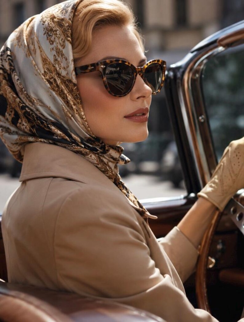 May include: A person wearing a beige coat, tan perforated leather gloves, and a silk headscarf featuring a white, black, and gold abstract pattern. The person is also wearing dark-tinted tortoiseshell sunglasses while sitting in a vehicle.
