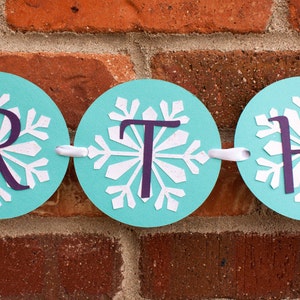 K&ouml;nnte beinhalten: Ein t&uuml;rkisfarbenes und wei&szlig;es Papierbanner mit den Buchstaben "RTH" in Lila. Jeder Buchstabe befindet sich auf einem separaten Kreis mit einem wei&szlig;en Schneeflockenmuster.