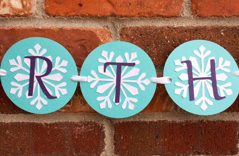 K&ouml;nnte beinhalten: Ein t&uuml;rkisfarbenes und wei&szlig;es Papierbanner mit den Buchstaben "RTH" in Lila. Jeder Buchstabe befindet sich auf einem separaten Kreis mit einem wei&szlig;en Schneeflockenmuster.