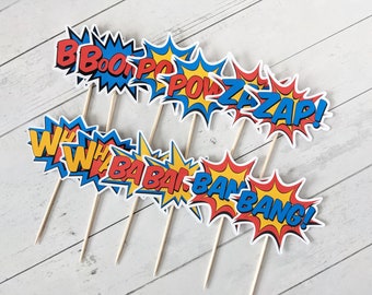Popart Cupcake Toppers for Superhero Party - Set of 12