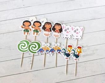 Moana Cupcake Toppers, Moana Character Cupcake Picks, Set of 12 Moana Treat Toppers