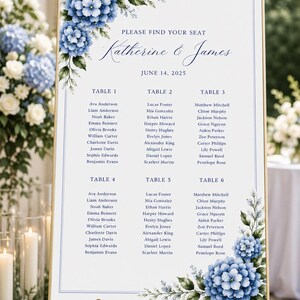 May include: A wedding seating chart sign in a gold frame featuring blue hydrangea floral illustrations at the top left and bottom right corners. The text reads: PLEASE FIND YOUR SEAT, Katherine & James, JUNE 14, 2025, and lists guests for tables 1 through 6.