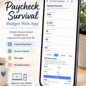 Könnte beinhalten: Ein Smartphone mit der Benutzeroberfläche der Paycheck Survival Budget-Web-App. Der Bildschirm zeigt Felder zur Finanzverfolgung, einschließlich Geld nach Rechnungen, Rechnungen und Einkäufen. Der Text umfasst Paycheck Survival Budget Web App, Instant Download, Browser-Based, No Login und No Subscription.