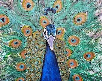 Peacock Display, Original, Unframed, 11x14, acrylic painting, stretch canvas