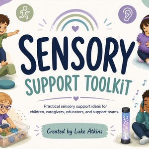 Può includere: Illustrazione di un "Kit di strumenti di supporto sensoriale" con bambini che interagiscono con oggetti sensoriali. L'immagine include il testo "Sensory Support Toolkit" e "Created by Luke Atkins". L'immagine è progettata per bambini, operatori sanitari, educatori e team di supporto.