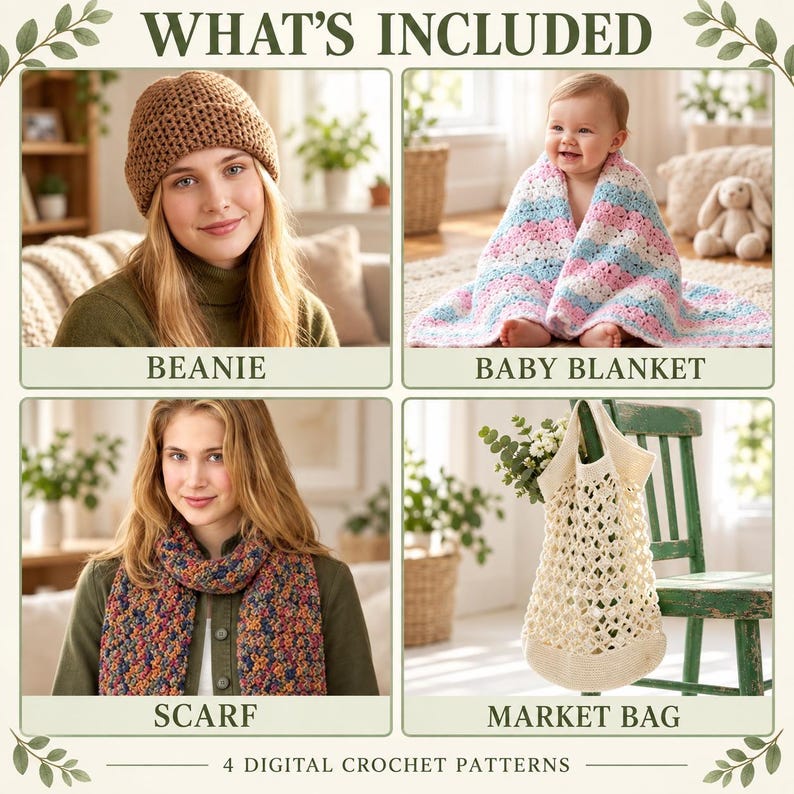 Beginner Crochet Patterns PDF | 8 Easy Crochet Projects | Hat, Scarf