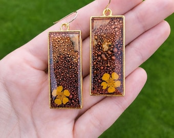 Copper Bubble Resin Earrings with Pressed Orange Flower | Gold Rectangle Dangle Botanical Jewelry