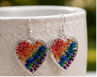 Handmade Rainbow Heart Earrings | Pride Jewelry, Inclusion Symbol, Gold/Silver Tone Bezels