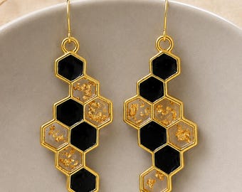 Black & Gold Honeycomb Earrings | Geometric Resin Earrings | Gold Leaf Statement Jewelry | Handmade Modern Earrings | Minimalist Gift