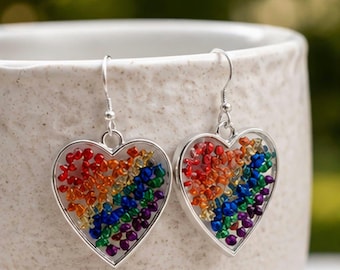 Handmade Rainbow Heart Earrings | Pride Jewelry, Inclusion Symbol, Gold/Silver Tone Bezels