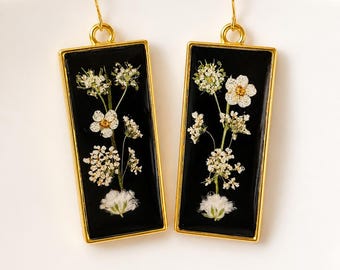 Pressed Wildflower Rectangle Earrings | Black Gold Botanical Resin Jewelry