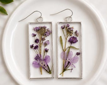 Real Dried Flower Resin Earrings | Sterling Silver Purple Botanical Boho Dangle Jewelry