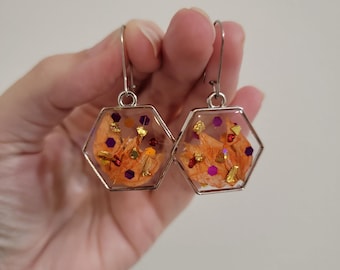 Autumn Glow Hexagon Earrings | Fall-Inspired Resin Earrings | Silver Tone | Handmade Botanical Jewelry
