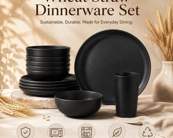Black Wheat Straw Dinnerware Set – 32 Piece, Unbreakable Plates & Bowls