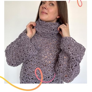 May include: A lavender crochet jumper featuring a high turtleneck collar and long, loose sleeves with an openwork stitch pattern. The text CROCHET PATTERN and Cloud Shell are displayed above and below the garment in this visual representation.
