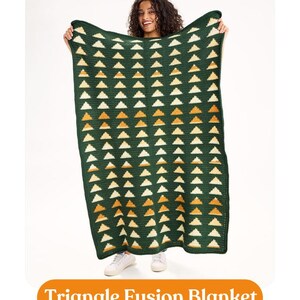 May include: A rectangular crochet blanket featuring a dark green background with a repeating pattern of small triangles in shades of cream, light yellow, and orange. The text CROCHET PATTERN and Triangle Fusion Blanket appear on the image.