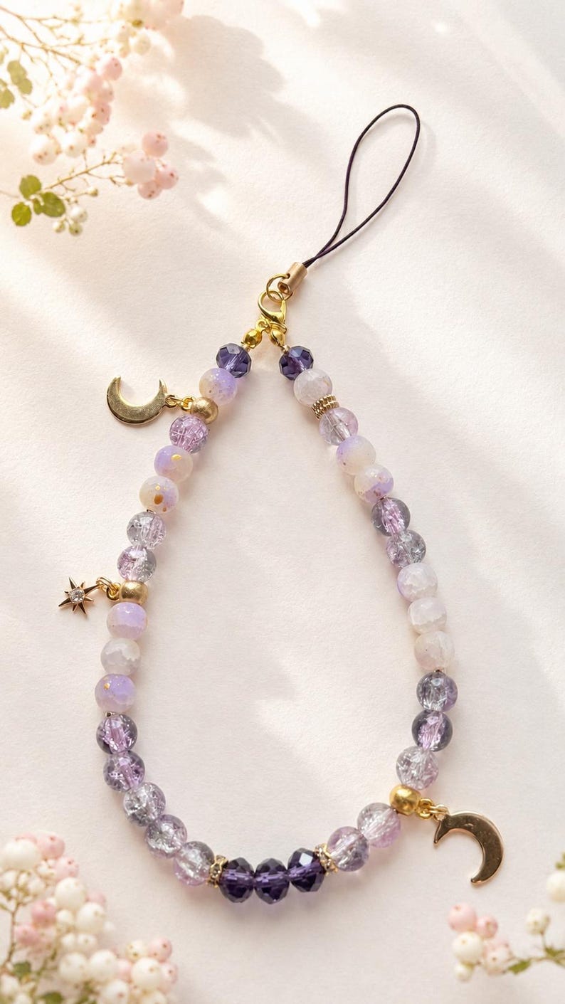 May include: A phone charm featuring a loop of purple, lavender, and clear crackle glass beads accented with gold-toned metal spacers. The accessory includes two gold-toned crescent moon charms and one small star charm with a central clear crystal.