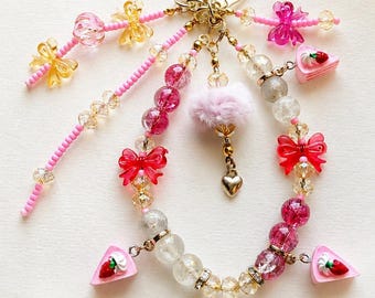 Grigri - Fraisilly Charm - Strawberry, Bow and Pink Cake Bag Charm or Keyring - Handmade