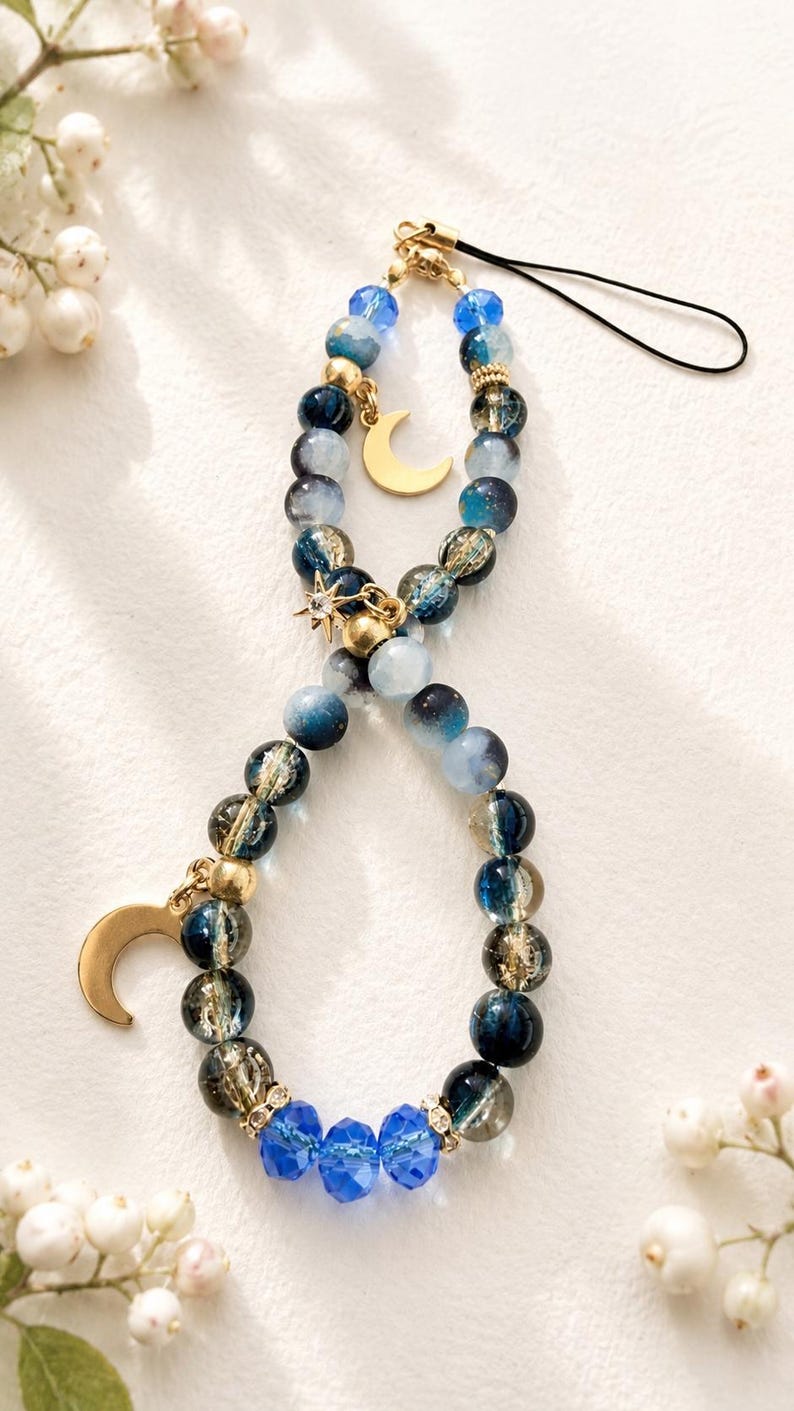 May include: A beaded phone charm featuring a loop of blue, navy, and clear glass beads with gold-toned accents. The charm includes a gold-colored crescent moon pendant and a small star-shaped charm, finished with a black cord attachment.