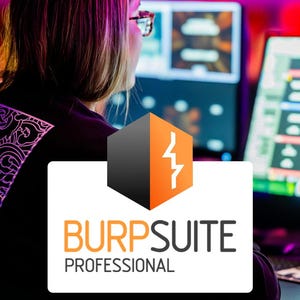Pode incluir: Uma pessoa usando óculos olhando para telas de computador. A imagem apresenta o logotipo "BURPSUITE PROFESSIONAL", um emblema estilizado em laranja e preto. O fundo está desfocado com uma mistura de iluminação roxa e vermelha.