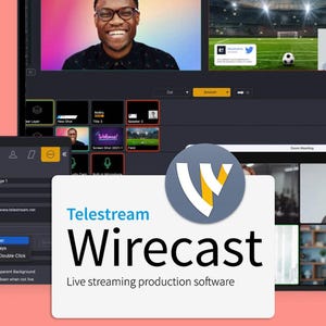Peut inclure: Capture d'écran du logiciel de production de diffusion en direct Wirecast de Telestream. L'interface affiche une vidéo d'une personne souriante, un terrain de football et des panneaux de contrôle. Le logo Wirecast est visible.