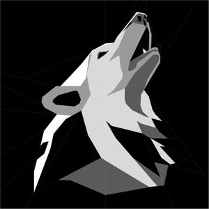 May include: A black and white geometric illustration of a wolf howling at the moon. The wolf's head is facing upwards and its mouth is open wide.