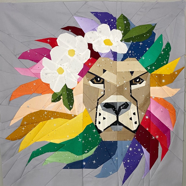 Floral Big Cats  Lion Foundation Paper Piecing Pattern image 1