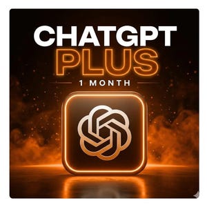 Könnte beinhalten: Digitales Grafikdesign mit den Worten "ChatGPT PLUS" in Weiß und Orange, darunter "1 MONAT". Ein quadratisches Symbol mit weißem und goldenem Design befindet sich unten, vor einem dunkelorangen Hintergrund mit Raucheffekten.