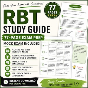 May include: A 77-page RBT study guide in PDF digital format. The document features exam preparation materials, including mock exams, content area coverage, definitions, examples, memory tips, mnemonics, and practice questions with answer keys.
