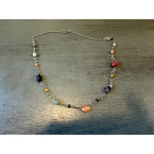 Vintage Multi Gemstone Scroll Station Necklace Silver Tone Wire Wrap Boho 26 In