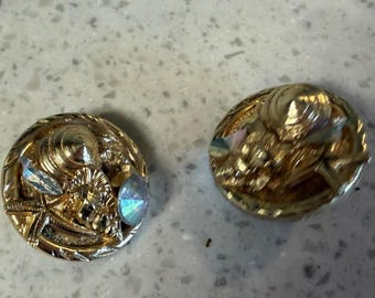 Vintage Muschel Gold Ton irisierend Strass Muschel Ohrstecker 90er Jahre