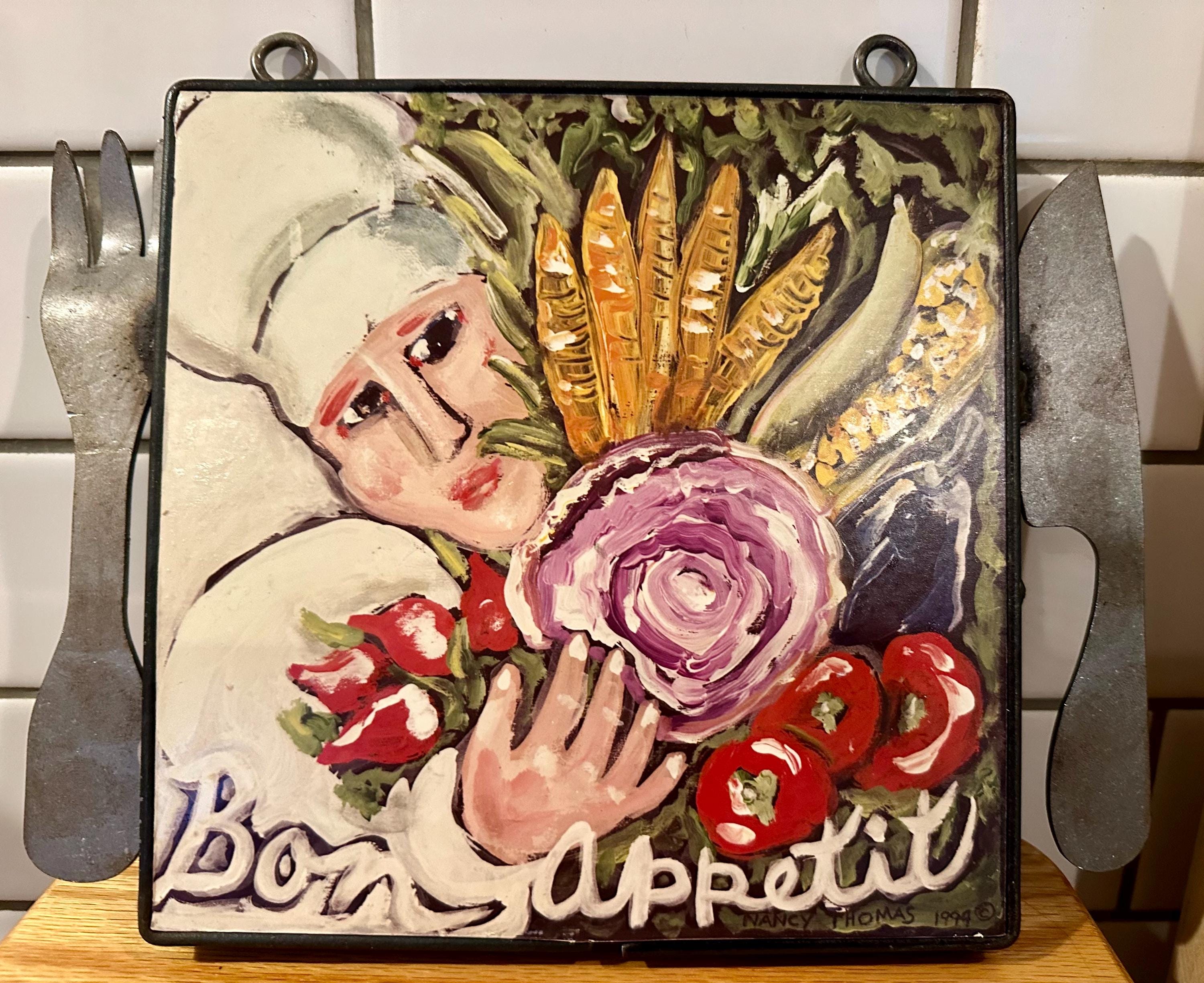 Nancy Thomas Bon Appétit Kitchen Wall Hanging 1994 Folk Art Chef Print Metal Cutlery Frame