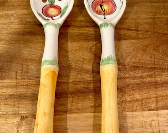 Vintage Italian Hand Painted Salad Servers | Ceramic & Wood | Apple Motif | Made in Italy | Salad Fork and Spoon Set | Cottage Kitchen