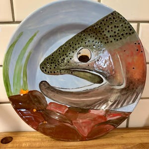 Hand-Painted Rainbow Trout | Studio Pottery Plate | Michigan Artist | Fly Fishing Decor | 10 Inch Ceramic