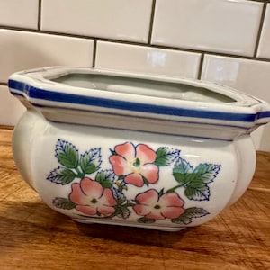 Vintage AAA Imports Planter | Blue Rim Wild Rose | Octagonal Ceramic Cachepot