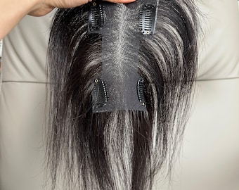 Prótesis capilar de cabello humano, base de piel de 3x5", corona postiza de clip de 10" color negro natural.