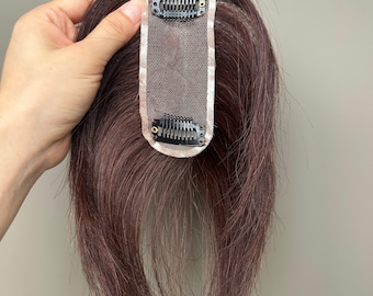 Postizo de cabello humano, base monofilamento de 3,8 x 10 cm, marrón rojizo, 15 cm de largo, peluca con volumen y raya.