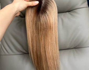Prótesis capilar de cabello humano, base monofilamento de 10 x 12 cm, cabello liso Remy de 14 pulgadas, mezcla rubia #6-16.