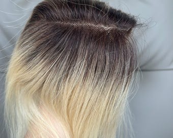 Peluca postiza de cabello humano con base de seda y efecto degradado rubio (8 x 11 cm)